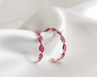 14K Solid Yellow Gold Natural Ruby Hoop Earrings, Dainty Gemstone, July Birthstone