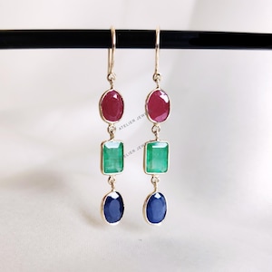 Natural Ruby & Emerald and Sapphire Earrings, 14K Solid Yellow Gold Earrings, May July Birthstone, Christmas Gift, Emerald Sapphire Jewelry