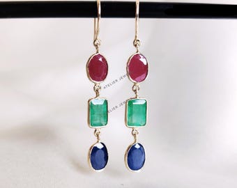 14K Solid Yellow Gold Natural Ruby, Emerald, Blue Sapphire Dangle Earrings