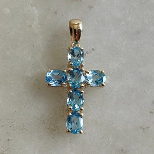 Natural Sky Blue Topaz Pendant, 14K Solid Yellow Gold Sky Blue Topaz Pendant, Holy Cross Pendant, December Birthstone, Topaz Jewelry