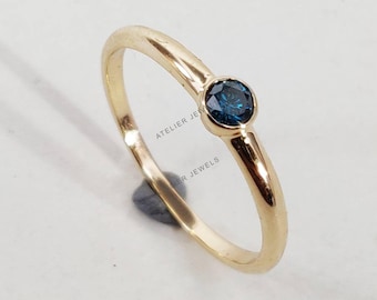 14K Solid Yellow Gold Natural Blue Diamond Ring, Fine Cut Engagement Ring