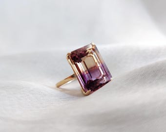 Natural Ametrine Ring, 14K Solid Yellow Gold, Octagon Cut Gemstone