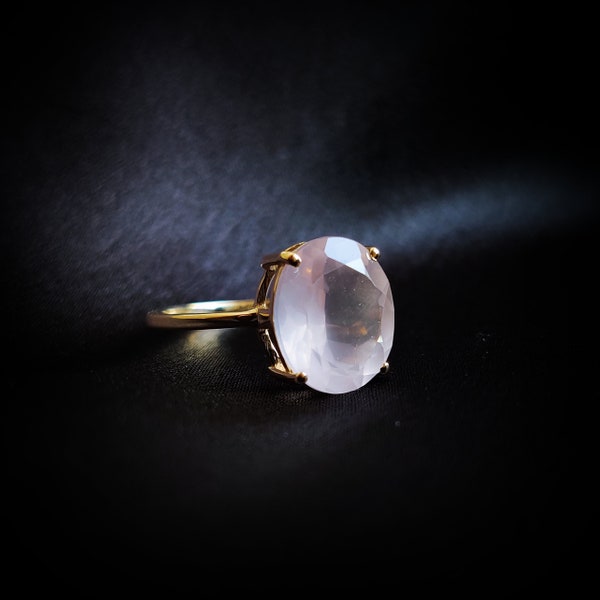 14K Gold Natural Rose Quartz Ring, Solid Yellow Gold Ring, January Birthstone Ring, Oval Cut Rose Quartz Ring, Prong Set Oval Gemstone Ring