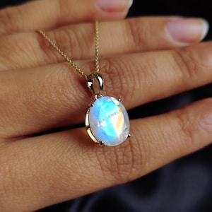 Natural Rainbow Moonstone Pendant, 14K Solid Yellow Gold Pendant, Blue Moonstone Pendant, June Birthstone, Christmas Gift, Moonstone Jewelry