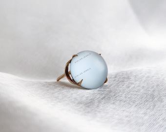 Natural Frosted Sky Blue Topaz Ring, 14K Solid Yellow Gold December Birthstone