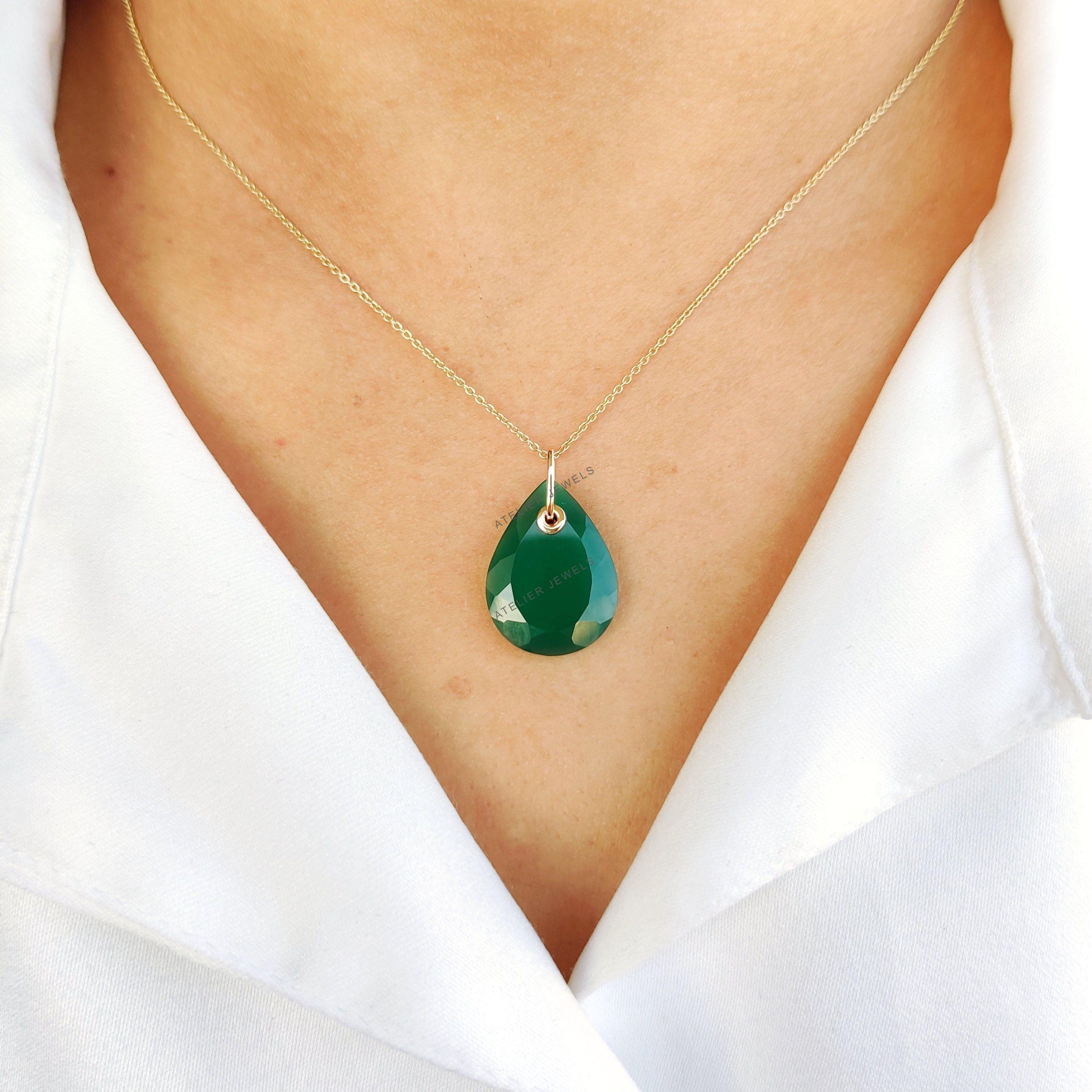 Natural Green Onyx Pendant, 14K Solid Yellow Gold Onyx