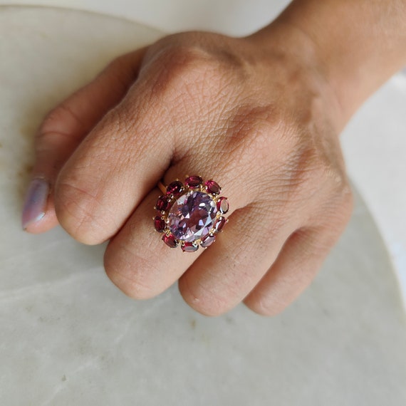 Natural Pink Amethyst Rhodolite Garnet Ring 14K Solid Yellow