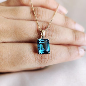 Natural London Blue Topaz Pendant, 14K Solid Yellow Gold Blue Topaz Pendant, December Birthstone Pendant, Octagon Pendant, Anniversary Gift
