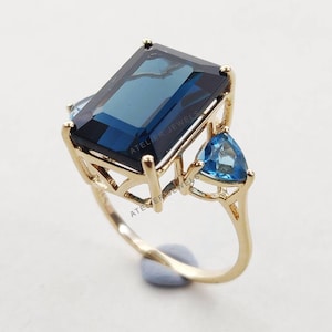 Natural London Blue Topaz & Swiss Blue Topaz Ring, 14K Solid Yellow Gold Topaz Ring, December Birthstone, Blue Topaz Jewelry, Christmas Gift