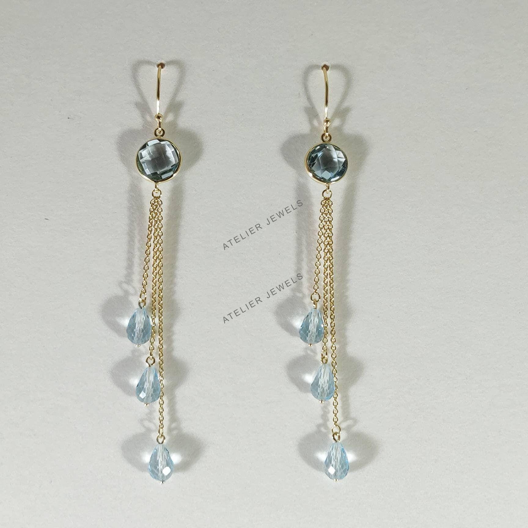 Orovi Orecchini A Goccia In Oro 14kt Vero Con Topazi Blu 0,92 Ct, Artigianali, Ipoallergenici, In Astuccio Regalo