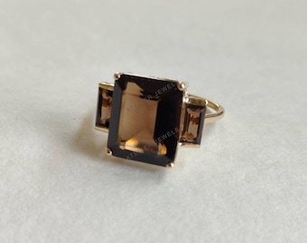 Natural Smoky Quartz Ring, 14K Solid Yellow Gold Quartz Ring, June Birthstone Ring, Prong Ring, Smoky Quartz Jewelry, Christmas Present