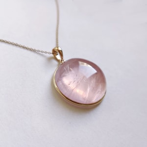 Natural Rose Quartz Pendant, 14K Solid Yellow Gold Rose Quartz Pendant, January Birthstone Pendant, Bezel Round Pendant, Rose Quartz Jewelry
