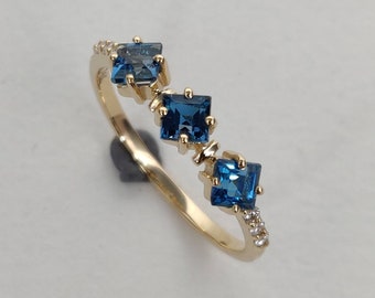 14K Gold Natural London Blue Topaz Diamond Ring, 14K Solid Yellow Gold Blue Topaz  Ring, December Birthstone, Diamond Ring, Christmas Gift