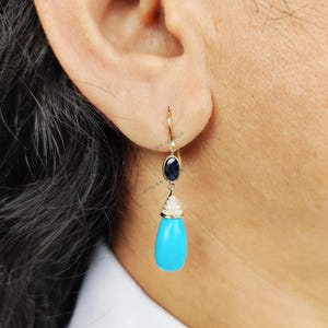 Natural Blue Sapphire, Turquoise & Diamond Earrings, 14K Solid Yellow Gold Earrings, September Birthstone Earrings, Multi Stone Danglers