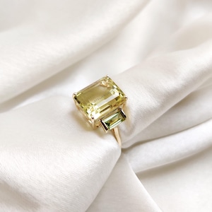 Natural Lemon Quartz & Peridot Ring, 14K Solid Yellow Gold Ring, Lemon Quartz Ring, February Birthstone Ring, Multi Stone Emerald Cut Ring