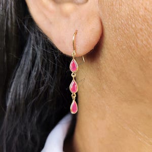 14K Solid Yellow Gold Natural Ruby Danglers, Bezel Earrings, July Birthstone