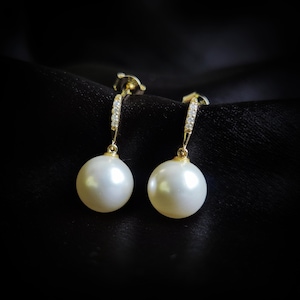 Natural Pearl & Diamond Earrings, 14K Solid Yellow Gold Pearl Drop Earrings, June Birthstone, Christmas Present, White Pearl Diamond Jewelry