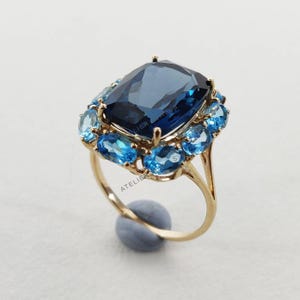 Natural London Blue Topaz & Sky Blue Topaz Ring, 14K Solid Yellow Gold Topaz Ring, December Birthstone Ring, Alternative Engagement Ring