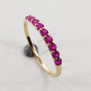 Natural Ruby 14K Solid Yellow Gold Ring, Half Eternity Band
