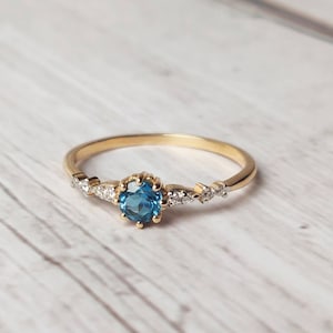 14K Gold London Blue Topaz Diamond Ring, Engagement Ring, Natural London Blue Topaz Diamond Solid 14K Yellow Gold Ring, December Birthstone