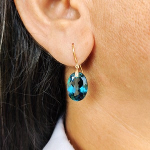 Natural London Blue Topaz Earrings, Solid Gold Blue Topaz Earrings, Blue Topaz Oval Drop Earrings, December Birthstone, Anniversary Present