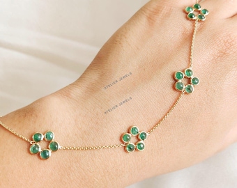 Pulsera de oro amarillo macizo de 14 quilates con engaste de flor de esmeralda natural, joyería de la piedra natal de mayo.