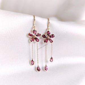 Natural Pink Tourmaline Earrings, 14K Solid Yellow Gold Earrings, Dainty Tourmaline Flower Earrings, October Birthstone, Christmas Gift