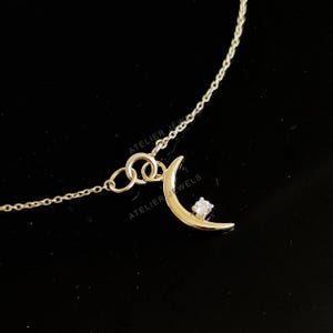 Natural Diamond Moon Shape Necklace, 14K Solid Yellow Gold Diamond Pendant, Moon Shape Gold Pendant, Crescent Moon Pendant, Dainty Pendant