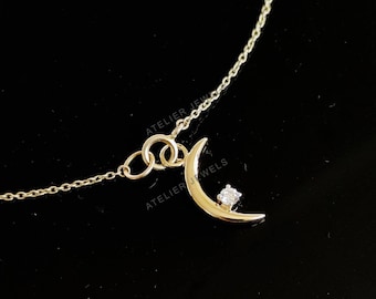 14K Solid Yellow Gold Natural Diamond Moon Pendant , Dainty Crescent Necklace