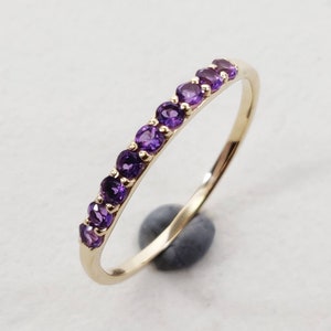 Natural Purple Amethyst Half Eternity Ring, 14K Solid Yellow Gold Ring, Amethyst Engagement Ring, February Birthstone, Dainty Amethyst Ring