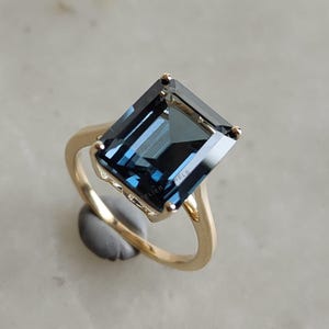 Natural London Blue Topaz Ring, 14K Solid Yellow Gold, Blue Topaz Ring, December Birthstone Ring, Emerald Cut Ring, Blue Topaz Jewelry