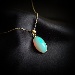 Natural Ethiopian White Opal Pendant, 14K Solid Yellow Gold Opal Pendant, October Birthstone Pendant, Opal Jewelry, Christmas Present