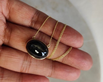 Natural Black Star Diopside Pendant, 14K Solid Gold Black Star Pendant, Yellow Solid Gold Pendant Necklace, March Birthstone, Christmas Gift