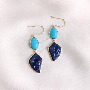 Natural Turquoise and Blue Sapphire Earrings, 14K Solid Yellow Gold Earrings, Arizona Turquoise Bezel Earrings, Christmas Present