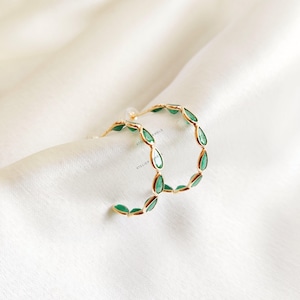 Natural Emerald Hoop Earrings, Solid Gold Emerald Stud Earrings, Dainty Gemstone Hoop Earrings, May Birthstone Earrings, Birthday Present