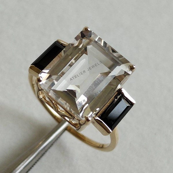14K Solid Gelb Gold Ring, Natürlicher Weißer Topas Schwarz Spinell Edelstein Ring