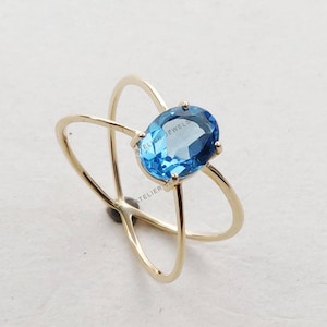 Natural Swiss Blue Topaz Ring, 14K Solid Yellow Gold Ring, December Birthstone Ring, Blue Topaz Jewelry, Christmas Present, Engagement Ring
