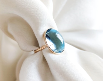 Oval Natural Sky Blue Topaz Ring, 14K Solid Yellow Gold, December Birthstone