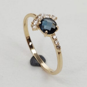 10K Yellow Gold Diamond London Blue Topaz Ring, Bridesmaids&#39; Alternative Engagement Ring, 10K Yellow Gold Ring, December Birthstone