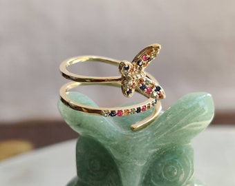 14K Gold Multi Sapphire Butterfly Ring, Alternative Engagement Ring, Natural Multi Sapphire Solid 14K Yellow Gold Ring, September Birthstone