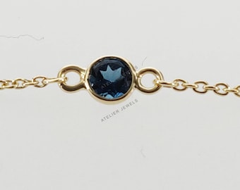 Dainty 14K Solid Yellow Gold Natural London Blue Topaz Bracelet, December Birthstone