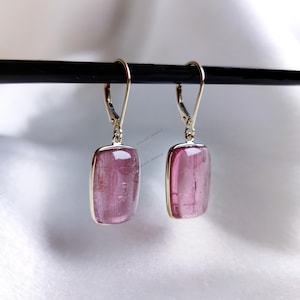 Boucles d&#39;oreilles en tourmaline rose naturelle, boucles d&#39;oreilles en tourmaline en or jaune massif 14 carats, boucles d&#39;oreilles avec pierre de naissance d&#39;octobre, bijoux en tourmaline rose