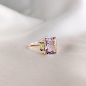 Natural Pink Amethyst & Peridot Ring, 14K Solid Yellow Gold Ring, Dainty Multi Stone Ring, February Birthstone Ring, Anniversary Present