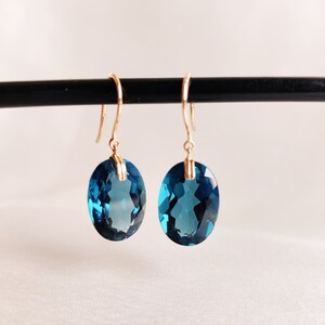 Natural London Blue Topaz Earrings, Solid Gold Blue Topaz Earrings, Blue Topaz Oval Drop Earrings, December Birthstone Earrings