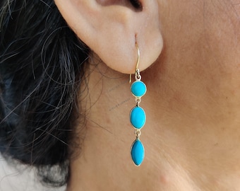 Natural Sleeping Beauty Turquoise 14K Solid Yellow Gold Earrings, December Birthstone,
