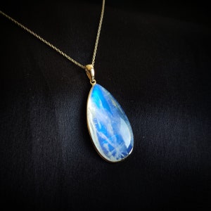 Natural Rainbow Moonstone Pendant, 14K Solid Yellow Gold Moonstone Pendant, Blue Moonstone Jewelry, June Birthstone, Christmas Present