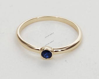 14K Solid Yellow Gold Natural Blue Sapphire Ring, September Birthstone Bezel Ring