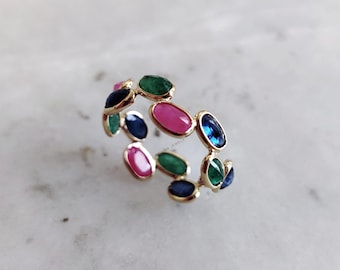 Natürlicher Smaragd, Rubin & Saphir Ring, 14K Gelbgold Multistone Lünette Eternity Ring