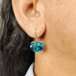 Natural London Blue Topaz Earrings, Solid Gold Blue Topaz Earrings, Blue Topaz Oval Drop Earrings, December Birthstone, Anniversary Gift