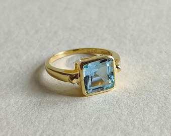14K Solid Yellow Gold Natural Sky Blue Topaz Ring, December Birthstone